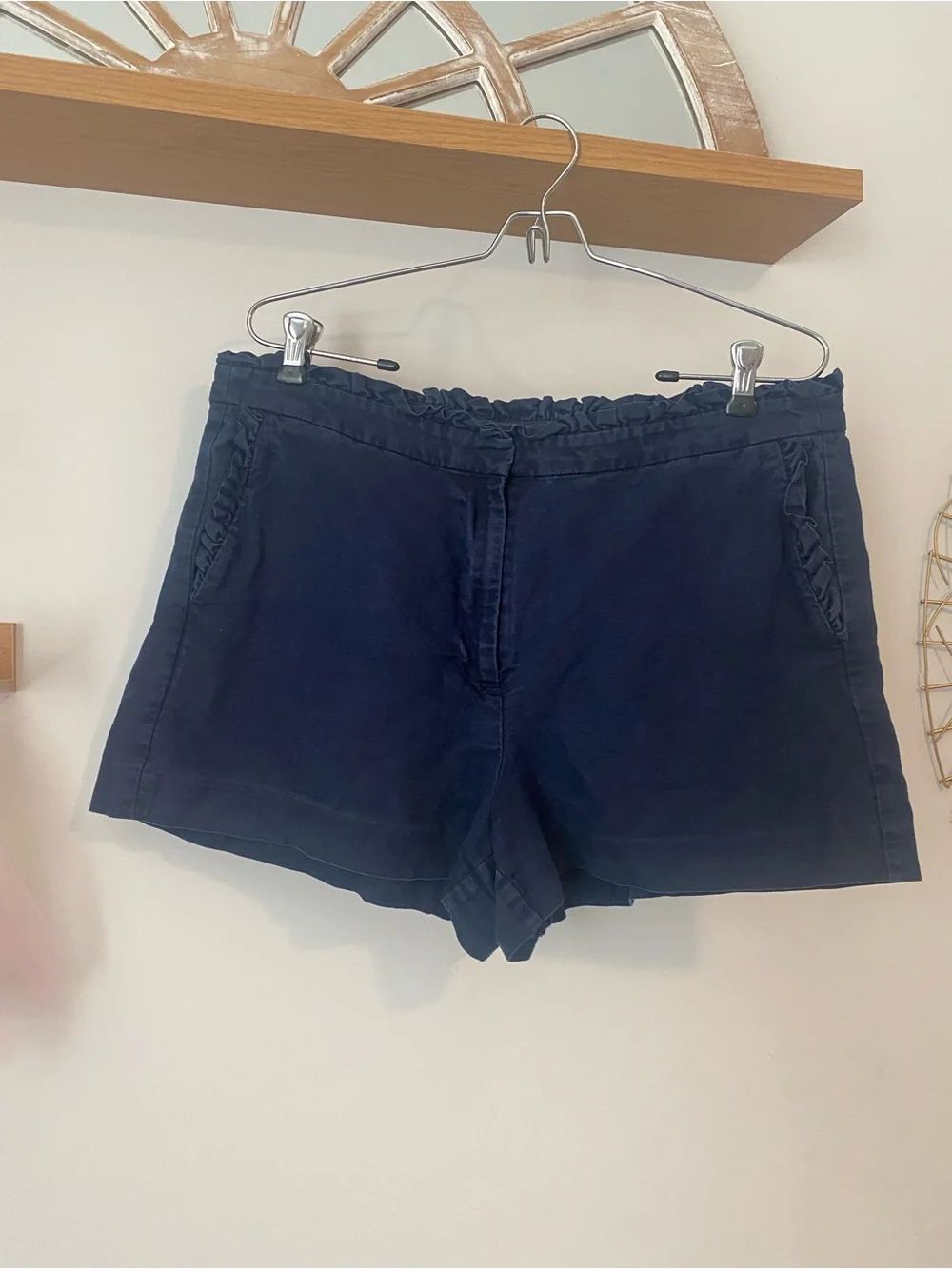J. Crew Navy Ruffle Linen/Cotton Shorts